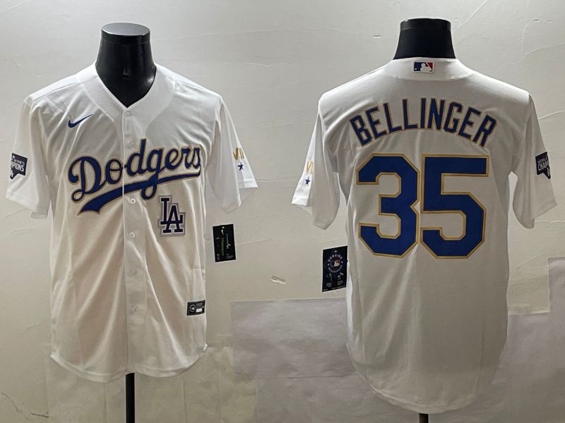 Men Los Angeles Dodgers 35 Bellinger White Gold Game 2025 Nike MLB Jersey style 13